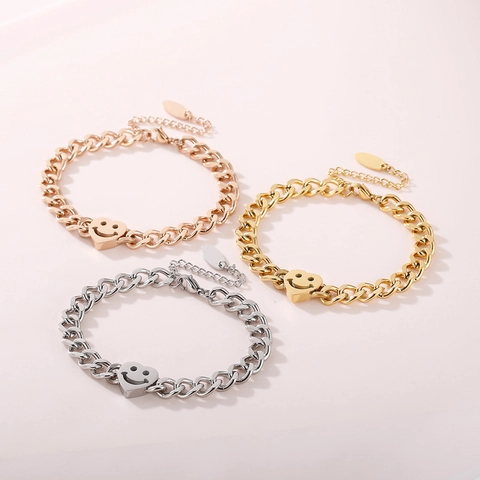 Pulsera De Acero Inoxidable Con Colgante De Corazón Y Sonrisa Cadena De Eslabones Moda Para Mujer Ajustable Oro Plata Oro Rosa