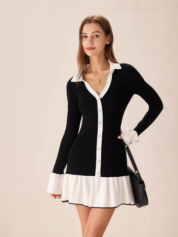 Women Knitted Mini Dress Long Sleeve Contrast Color Polo Collar Ruffle Hem Artificial Pearl Buttons Slim Fit Bodycon Pullover
