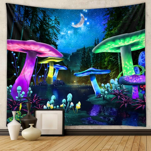 Tapiz Bohemio de Seta Bosque de Fantasía Decoración de Pared Cielo Estrellado Psicodélico para Dormitorio Sala de Estar Tela de Fondo Poliéster