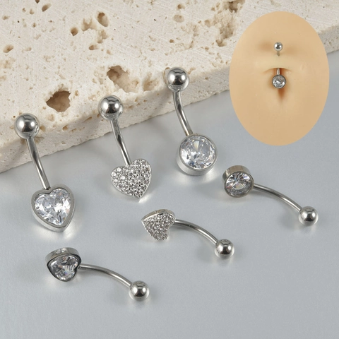 Heart Shaped Round Zircon Belly Button Ring Stainless Steel Navel Piercing Jewelry For Women Fashion Body Accessory