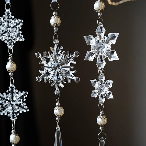 Adornos Colgantes De Copos De Nieve De Navidad Cristal Acrílico Con Perlas Artificiales Cinta Blanca Decoración Árbol Elegante