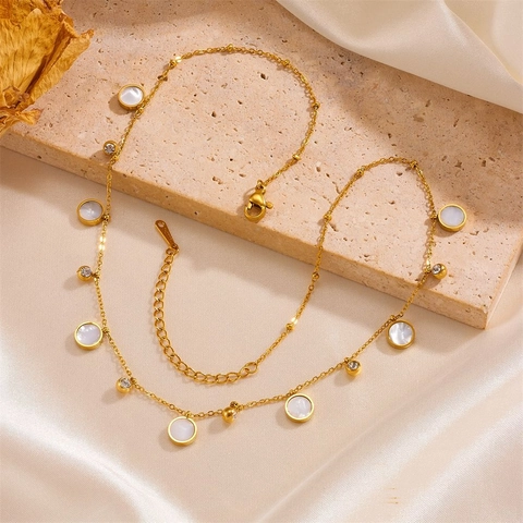 Damen Edelstahl Halskette Mit Runden Perlmutt Und Rhinestone Anhängern Elegant Einfach Trendig Schlüsselbein Kette