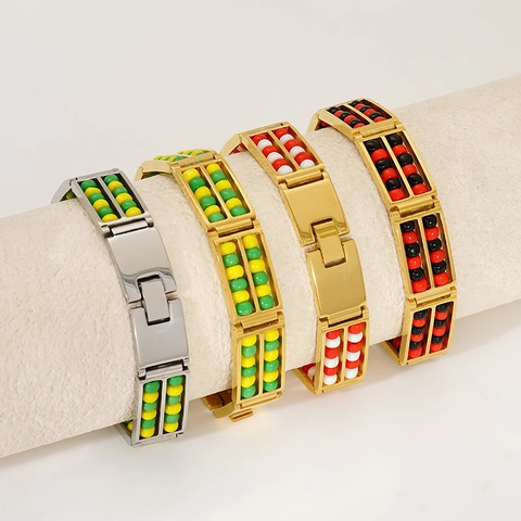 Bracciale Abaco Acciaio Inossidabile Placcato Oro 18K Doppia Fila Perline Pietra Naturale Creativo Retrò Trendy Unisex