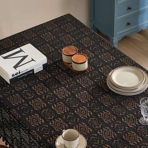 Rectangular Tablecloth Retro Hollow Crochet Cotton Blend Lace Tassel Geometric Pattern Table Cover American Pastoral Style