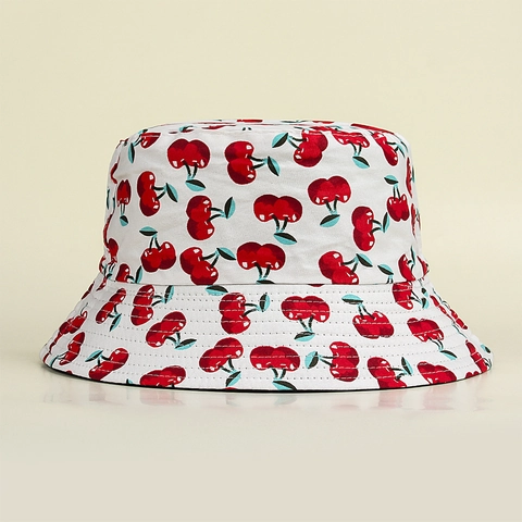 Bucket Hat Baumwolle Canvas Kirschdruck Wendbar Sonnenschutz Sommer Outdoor Japanischer Stil Süß Damen