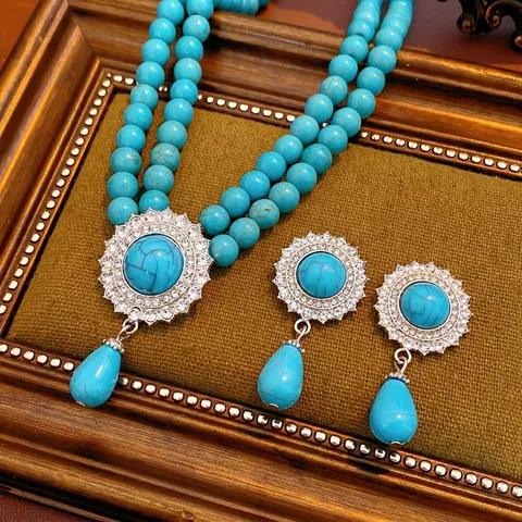 Vintage Double Layer Faux Artificial Pearl Turquoise Necklace Earrings Teardrop Rhinestone Elegant Jewelry Women Accessory