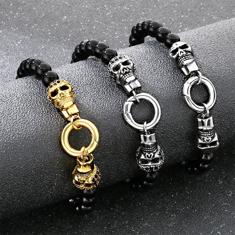 Punk Men Beaded Necklace Bracelet Jewelry With Stainless Steel Skull Charms And Rhinestone Accents Hip Hop Gothic Onyx Beads