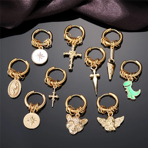Orecchini A Cerchio Acciaio Inossidabile Croce Dinosauro Angelo Spada Leopardo Ciondoli Placcati Oro Punk Gothic Gioielli