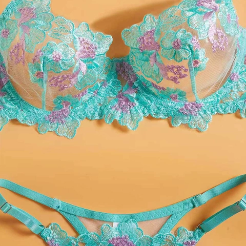 Florale Stickerei Spitze BH Und Tanga Lingerie Bügel Push Up Atmungsaktives Mesh Für Damen Sexy Exquisit