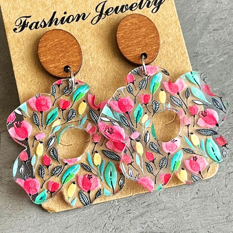 Floral Pattern Drop Earrings Wood Circular Top Acrylic Flower Petals Bohemian Retro Style Accessory For Women