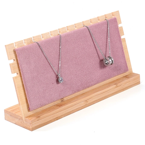 L-Shaped Necklace Display Stand Bamboo Wood Velvet Jewelry Pendant Holder Showcase Countertop Storage Organizer