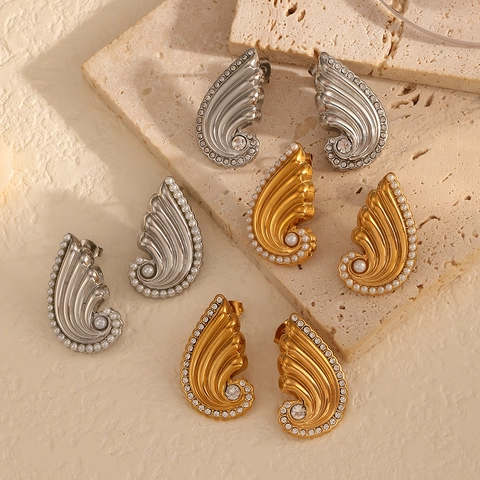Roestvrijstalen Vleugel Knopoorbellen 18K Verguld Zirkonia Kunstparel Getextureerde Vintage Mode Sieraden Dames