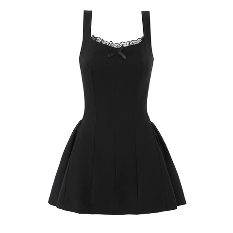 Damen Minikleid Spitze Schleife Ärmellos Camisole Hohe Taille A-Linie Herzausschnitt Französischer Stil Elegant Einfarbig