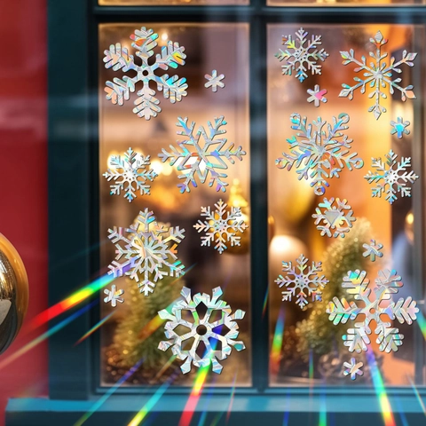 Christmas Window Stickers Static Cling PVC Rainbow Holographic Prism Snowflake Reindeer Decals For Glass Holiday Decor