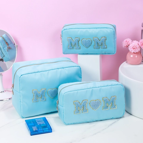 Chenille Letter Patch MOM Cosmetic Bag Waterproof Polyester Storage Bag For Travel Makeup Wash Bag Mothers Day Gift For Women