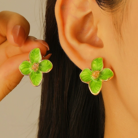 Fashion Alloy Floral Stud Earrings With Stainless Steel Post Drip Oil Four Petal Flower Roselle Style Ear Jewelry For Women Daily Dating Gift