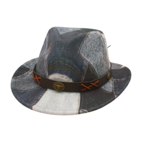 Kinderen Retro Western Denim Patchwork Fedora Hoed Met Stierkop Gesp Leren Riem Zonbescherming Etnische Jazz Pet