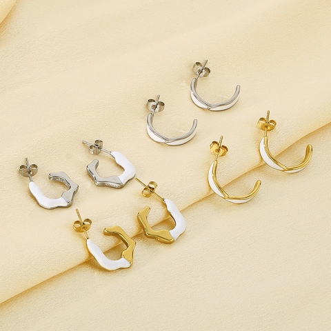 Pendientes De Aro En Forma De C Acero Inoxidable Con Esmalte Blanco Geométrico Onda Irregular Joyas Para Mujer