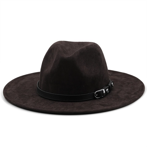 Unisex Wide Brim Fedora Hat Faux Suede Western Cowboy Hat With Belt Buckle Vintage British Style Sun Hat