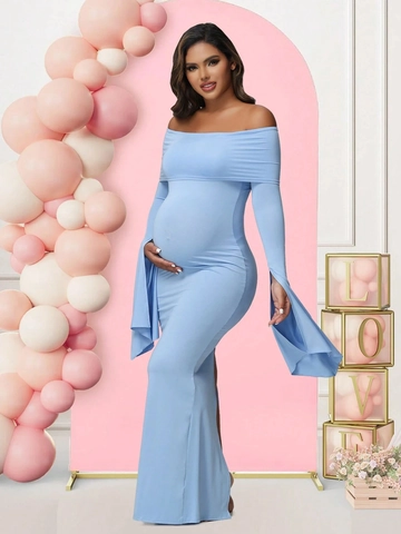 Abito Premaman Spalle Scoperte Maniche Lunghe A Campana Vestito Da Sera Aderente Spacco Maglia Elegante