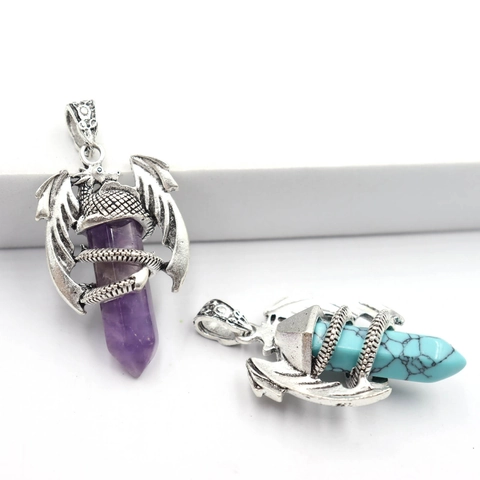Retro Alloy Winged Dragon Wrapped Hexagonal Column Natural Stone Crystal Pendant Fantasy Gothic Punk Style Jewelry