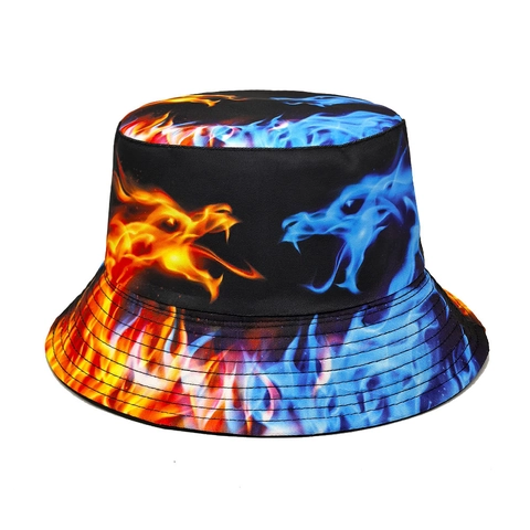 Omkeerbare Vissershoed Polyester Draak Vuur Print Ademend Zonbescherming Streetwear Retro Casual Cap