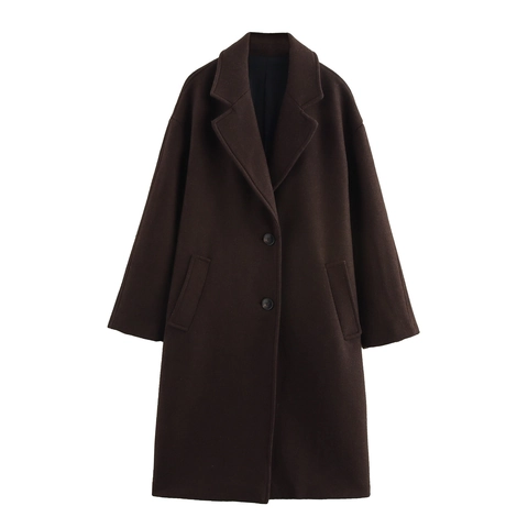 Women Woolen Coat Loose Mid Length Suit Collar Solid Color Casual British Style Outerwear Winter Jacket