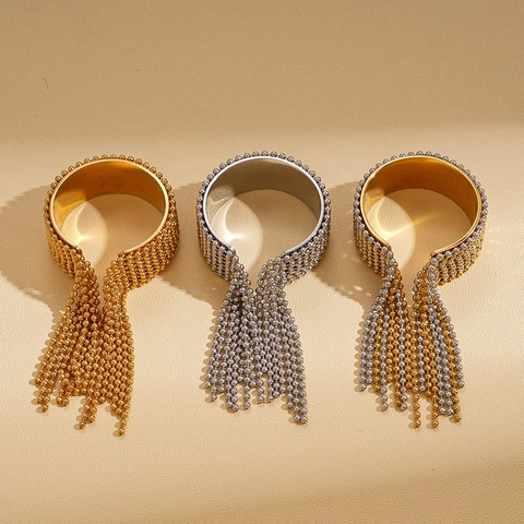 Stainless Steel Tassel Ring Metal Beaded Multi Layer Open Ring Retro Fashion Jewelry High End Niche Style For Women