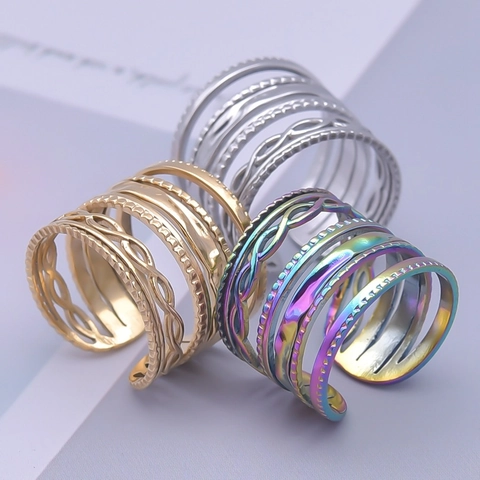 Anillo Aperto In Acciaio Inossidabile 304 Multistrato Intrecciato Cavo Trama Geometrica Fascia Regolabile Minimalista Unisex