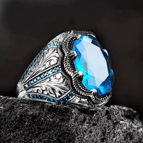 Anello Vintage Con Pietra Blu Ovale In Lega Inciso Motivo Floreale Antico Lusso Stile Punk Gioielli Per Donne Uomini