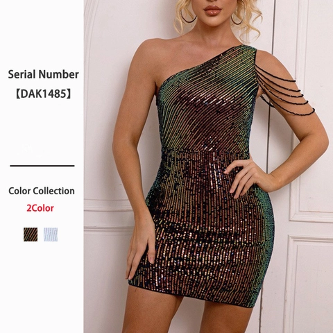 Damen One Shoulder Pailletten Mini Kleid Schillernde Perlenkette Fransen Sexy Bodycon Party Club Nacht Outfit