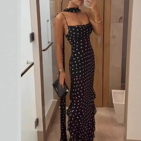 Polka Dot Spaghetti-Träger Maxikleid Mit Schal Volant-Saum V-Ausschnitt Ärmellos Polyester Elegant Party