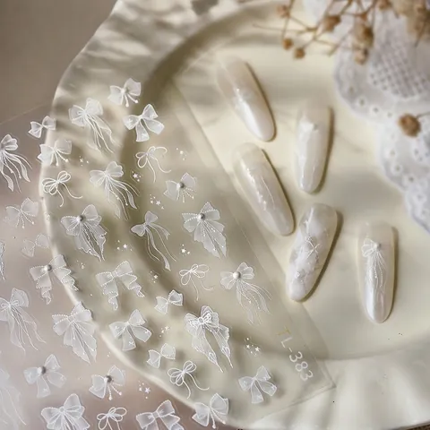 Autocollants D'Art D'Ongles Nœud Blanc Relief Dentelle Ruban Gaufré Décoration De Manucure DIY Pour Femmes