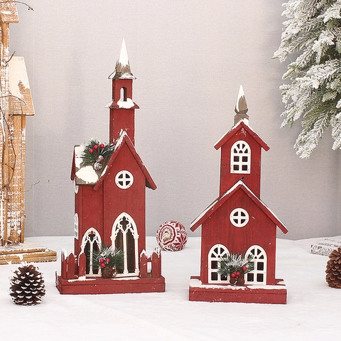 Christmas Wooden House LED Light Glowing Church Ornament Red Color White Snow Desktop Decor For Holiday Village Home Indoor Decoration