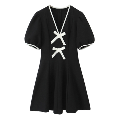 Vestito Mini Scollo A V Fiocco Bianco A Contrasto Stile Retrò Francese Maniche A Sbuffo Vita Alta Poliestere Linea A Moda Dolce
