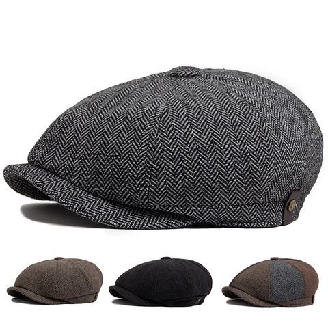Men Vintage Herringbone Newsboy Cap British Octagonal Gatsby Hat Retro Tweed Texture Painter Cabbie Peak Cap Adjustable