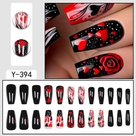Uñas Postizas Largas Tipo Ataúd Diseño Corazón Rosa Rojo Negro Blanco Estilo Gótico Para Mujeres San Valentín