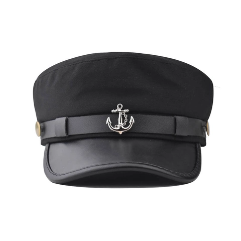 Cappello da Marinaio Donna Berretto Capitano Con Distintivo Ancora in Metallo Tesa in Ecopelle Cotone Lino Militare per Primavera Autunno