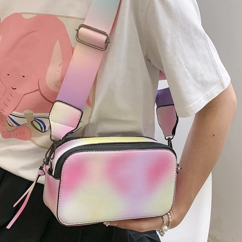 Gradiënt Regenboog Camera Tas Voor Dames PU Leren Schoudertas Met Brede Riem Dubbele Rits Mode Casual Stijl