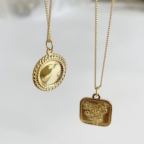 Collana In Argento Sterling 925 Con Ciondolo A Moneta Tonda Quadrata Con Rilievo Floreale Di Rosa Gioielli Vintage Placcati Oro