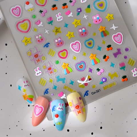 5D Geprägte Nagelkunst Aufkleber Wasserdicht DIY Maniküre Süßer Hase Herz Stern Gelee Bonbon Farben Frauen Mädchen