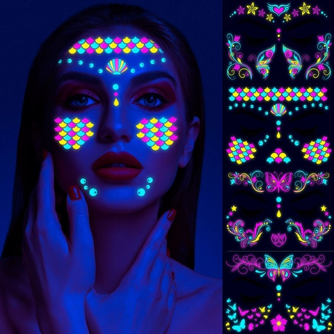 Fluoreszierende Gesichts Tattoo Aufkleber Neon Glow Wasserdicht UV Reaktiv Musikfestival Party Makeup Schmetterling Muster