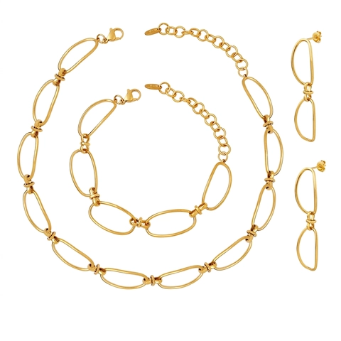 Conjunto Collar Pulsera Pendientes Cadena Eslabones Geométrica Retro Mujer Acero Titanio Chapado Oro 18K Joyas Moda