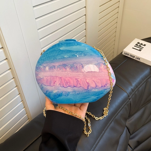 Evening Clutch Bag Acrylic Shell Marble Texture Watermelon Shape Gold Chain Crossbody Handbag For Women Party Dinner