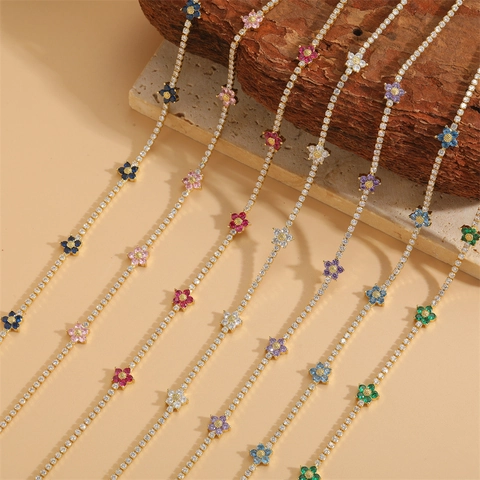 Colorful Flower Zircon Tennis Chain Choker Necklace 14K Gold Plated Copper Floral Clavicle Jewelry For Women