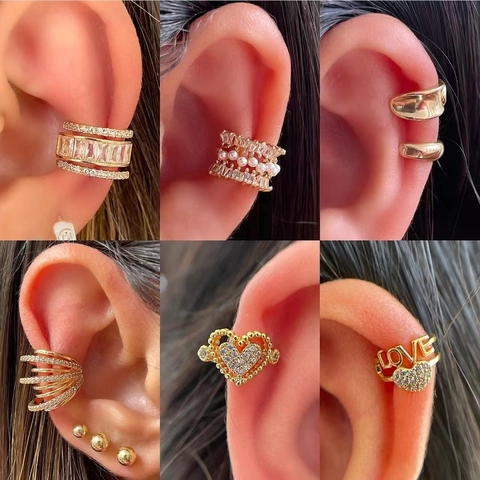 Vintage Copper Zirconia Ear Cuff For Women Gold Heart LOVE Letter Design No Piercing Fashion Geometric Non Pierced Earrings