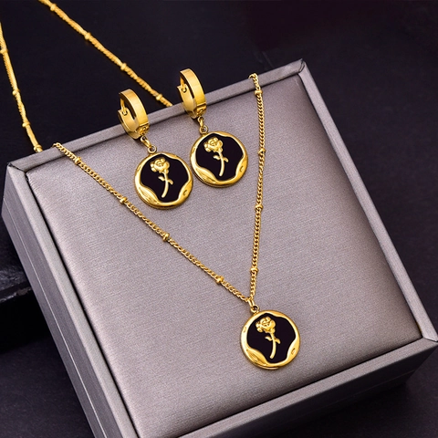 Vintage Roos Bloem Hart Vlinder Hanger Ketting En Oorbellen Titanium Staal Schelp Inleg Hof Stijl Sieraden Vrouwen
