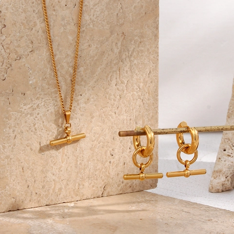 Minimalistisch Edelstahl T-Steg Anhänger Panzerkette Halskette Und Ohrringe Poliert Geometrisch Schmuck Für Damen