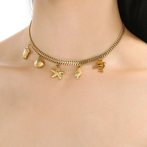 Collar De Dije Marino De Acero Inoxidable Oro Pez Dorado Tortuga Estrella De Mar Concha Delfín Joyas De Playa De Verano Mujeres