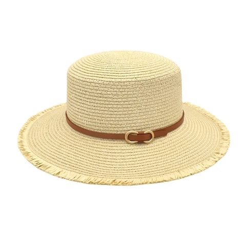Chapeau De Paille D'été Boater Bord Frangé Protection Solaire Vacances Plage Avec Ceinture En Cuir Pour Femmes Hommes